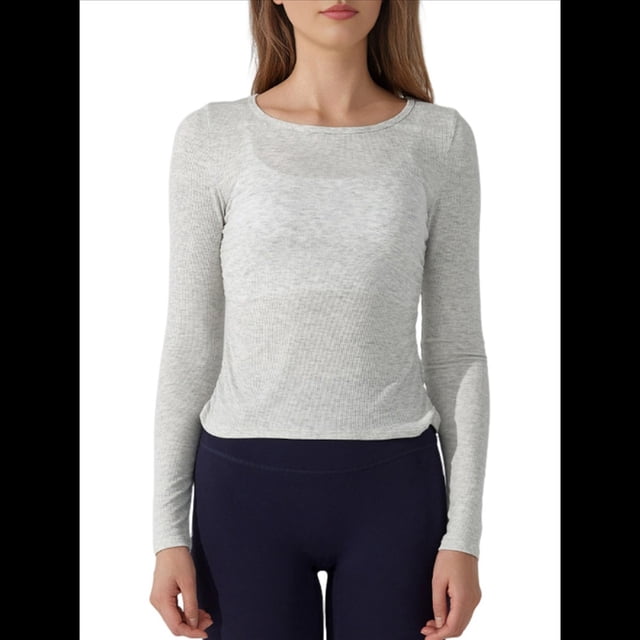 Camiseta Deportiva Informal de Cuello Redondo y Larga para Mujer, Estilo Jersey, para Otoño e Invierno, con Pliegues y Ajustada, para Yoga Gris XL