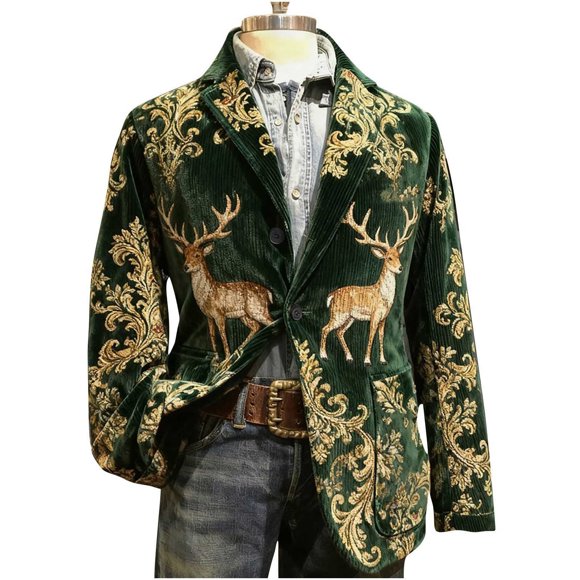 yardsong Ugly Christmas Lapel One Button Suit Jacket for Men - Vintage Corduroy Modern Retro Xmas Party Coat Green,L