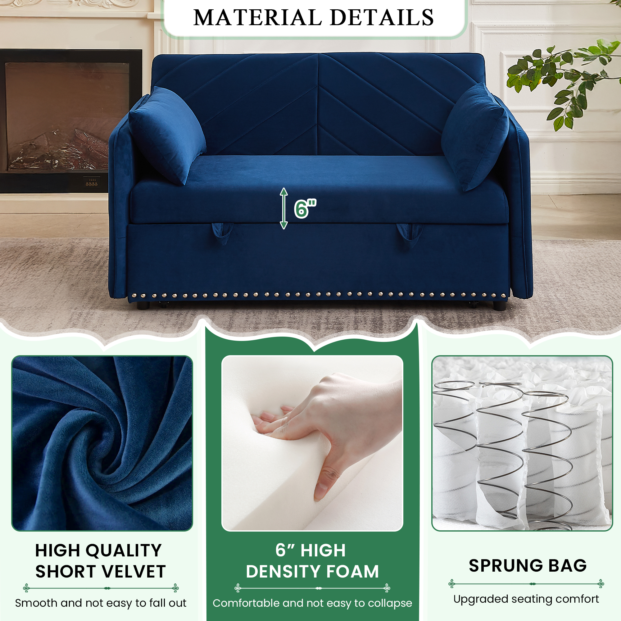 Dinosisco Convertible Sleeper Loveseat with USB, 55" Velvet Futon Sofa Bed, Blue