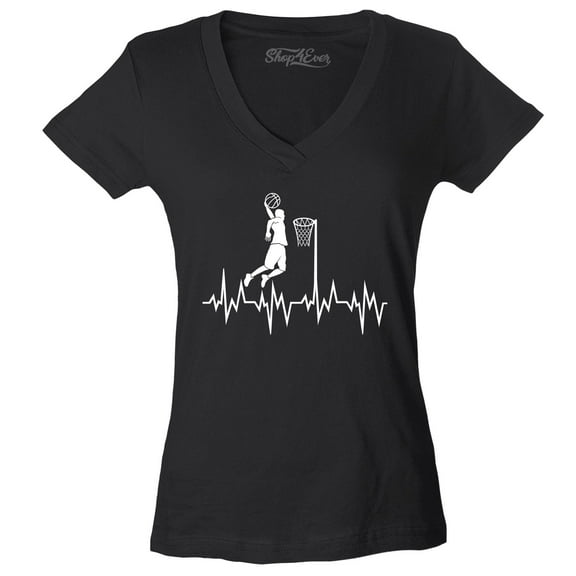 Shop4Ever Women's Basketball Player Slam Dunk Heartline Heartbeat Slim Fit V-Neck T-Shirt Small Black