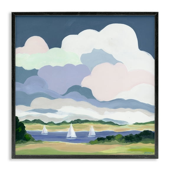 Stupell Industries Lake Sailboats with Clouds Landscape & Nature Painting Black Framed Art Print Wall Art, 12 x 12