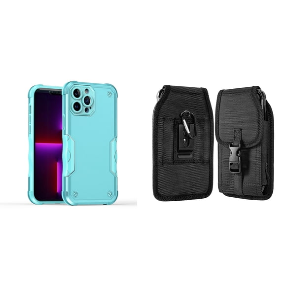 Case with Belt Holster Bundle for iPhone 14 Plus: Slim EX Hybrid Series Shockproof Case (Teal) and Vertical Nylon Buckle Phone Pouch