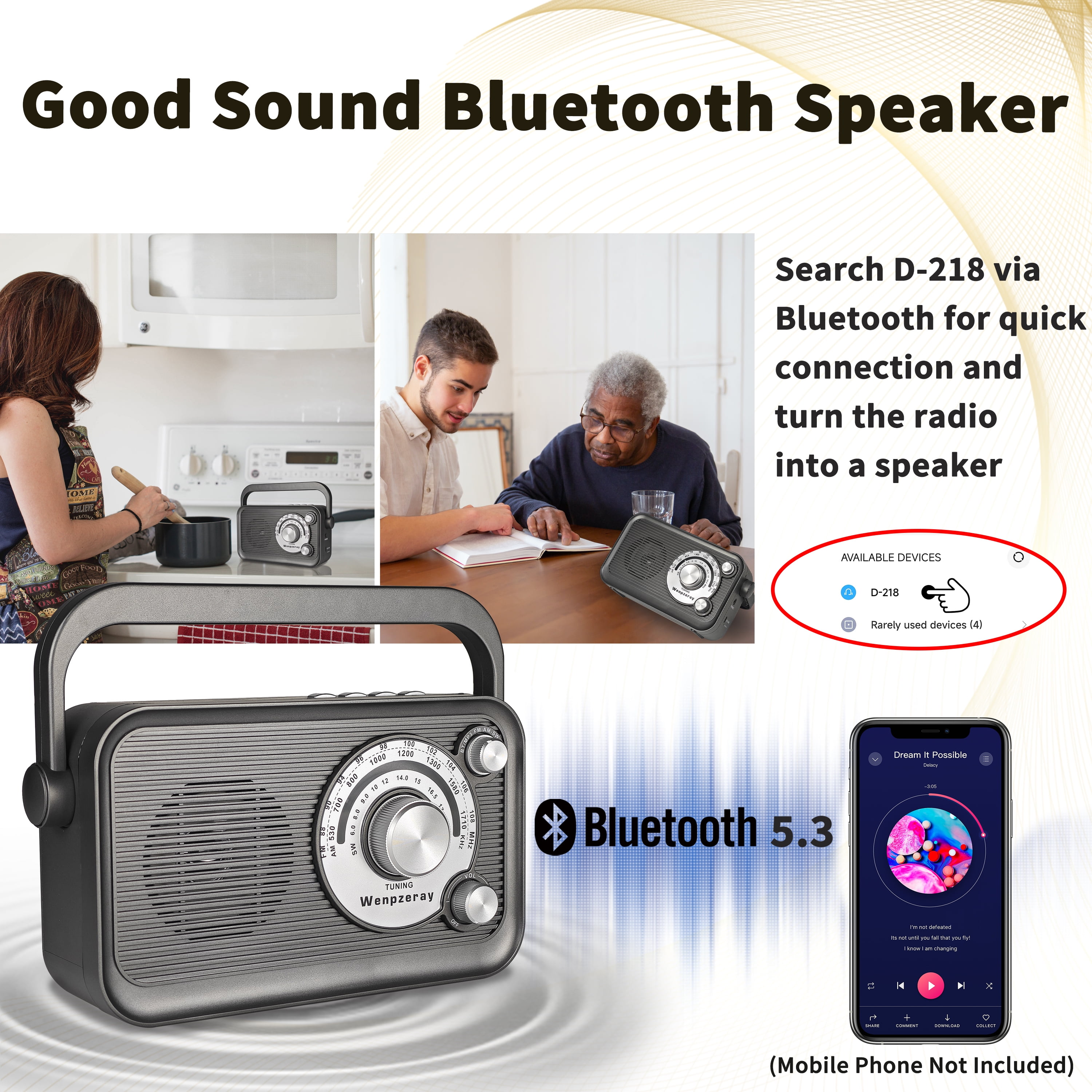 Retro Portable AM FM Shortwave Radio, Easy Tuning Big Knob Bluetooth Speaker Type-C Charging Wenpzeray D218(Grey)