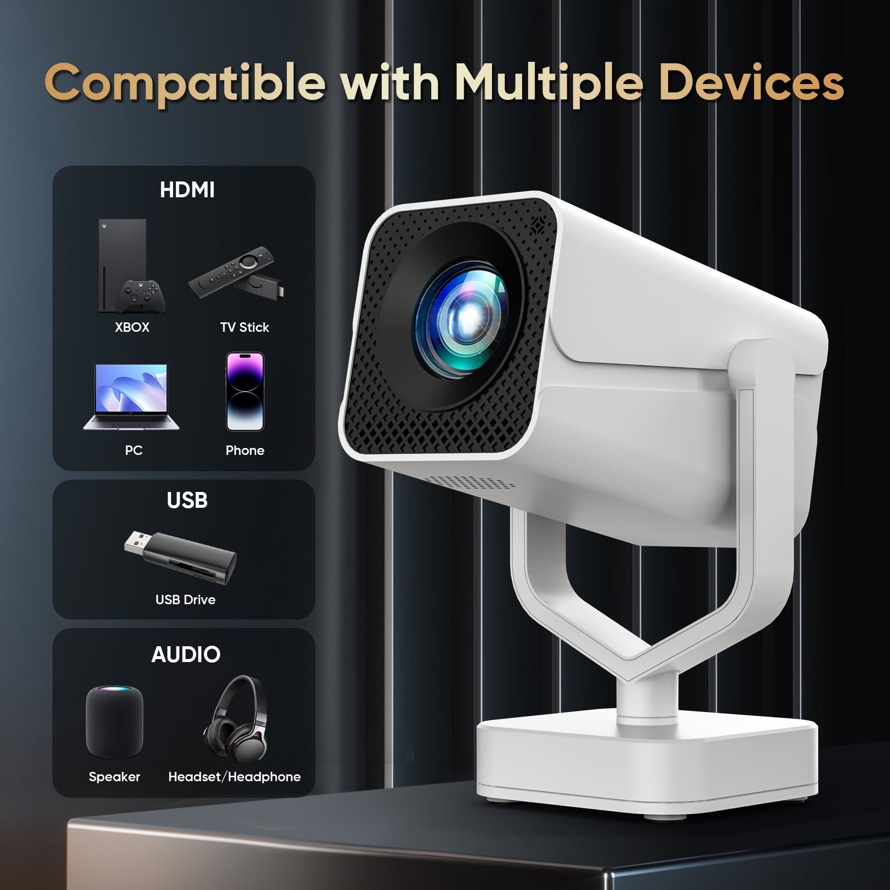 GCZ Projector with WiFi and Bluetooth, 1080P Support, Auto Keystone Electric Focus, Portable Projector for Phone/TV Stick