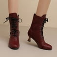 thumbnail image 3 of Ankle Boots for Women Lace up Round Toe Kitten Heel 70s Witch Booties Vintage Leather Fall Winter Mid Calf Dress Boots Wine Size 9, 3 of 6
