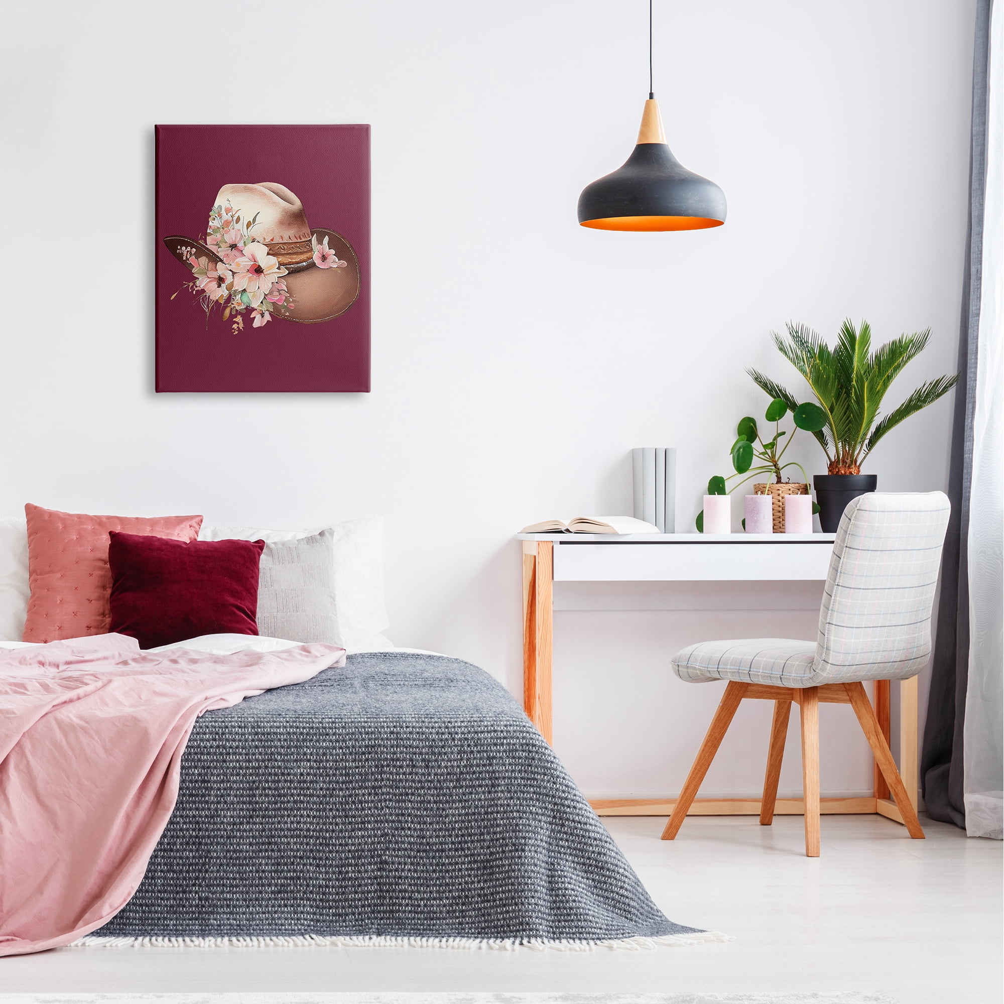 Stupell Industries Cowgirl Hat on Burgundy Botanical & Floral Painting Gallery Wrapped Canvas Art Print Wall Art, 24 x 30