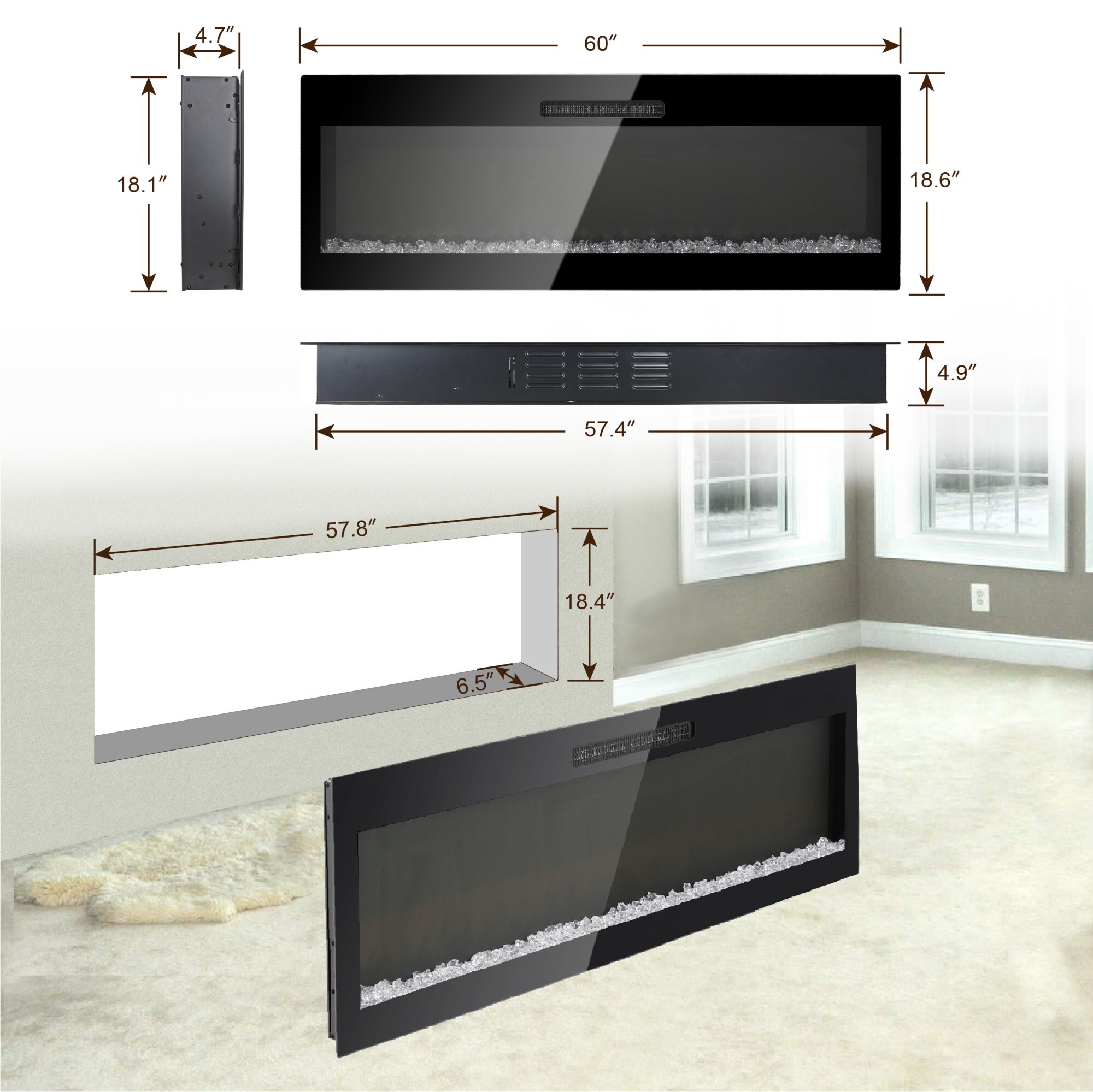 AENKYO 60'' Electric Fireplace with 3D Flame, 16 Color Options, Touch & Remote Control, Wall Mount or Recessed, Black