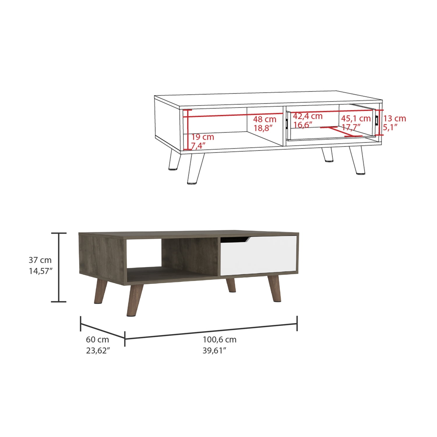 Lisonu Mid-Century Modern Coffee Table with Drawer and Open Shelf, Two-Tone Living Room Center Table with Tapered Legs, Particle Board Cocktail Table, Dark Brown & White