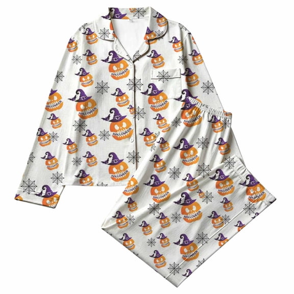CAIVO Kids 2 Piece Pajama Sets Girls Halloween Lapel Long Sleeve Button Down Shirt With Pants Casual Loungewear Sleepwear Nightwear