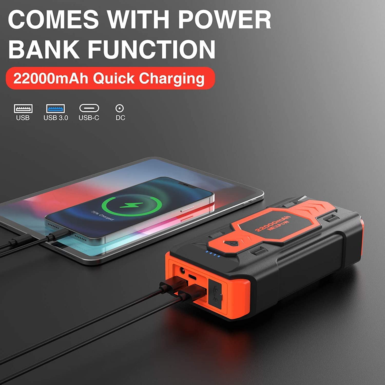 JUMTOP QDSP 3000A Peak 22000mAh Portable Car Jump Starter-UL Certified 10L Gas/8L Diesel Engine Auto Battery Booster Power Bank Phone Charger with Dual USB Smart Charging Port and LED Flashlight 