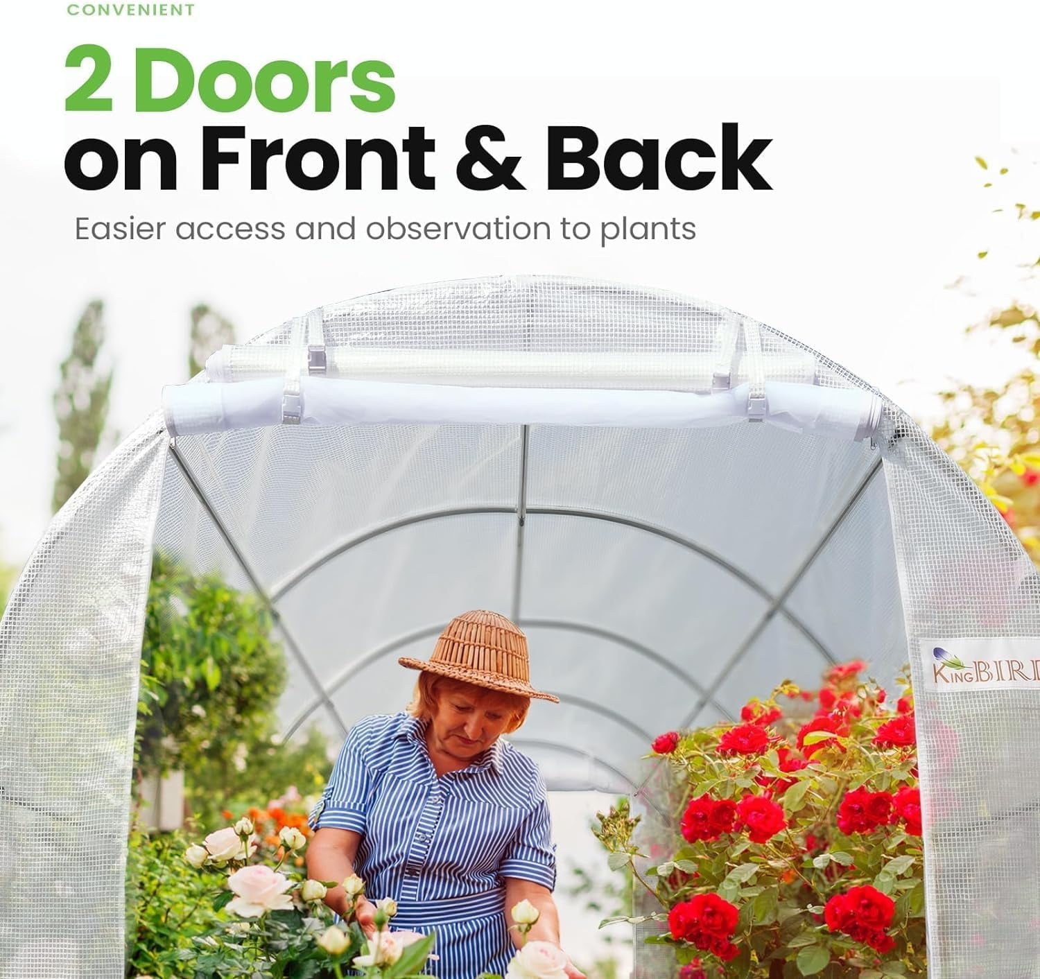 KING BIRD 15x6.6x6.6FT Large Walk-in Greenhouse Upgraded Heavy Duty Galvanized Steel Frame 2 Zippered Screen Doors 8 Screen Windows Tunnel Garden Plant Hot Green House White