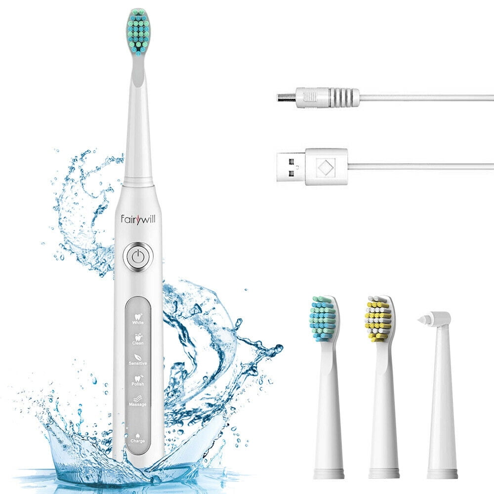 Fairywill Electric Toothbrush Rechargeable White 5 Modes Waterproof with 3 Brush Heads Walmart