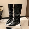 thumbnail image 6 of S-31 Black Ladies Stylish Solid Color Pointed Toe Slip On Chunky Heel High Heeled Mid Calf Boots Pu Leather For Daily Wear, 6 of 9