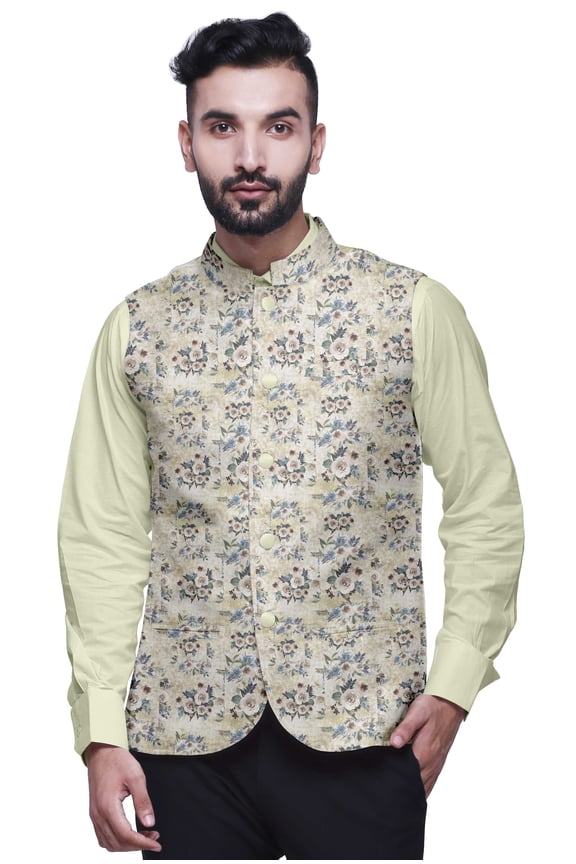 Floral Mens Casual Jackets Lightweight Partywear Indian Waistcoat Printed Nehru Jacket-Large