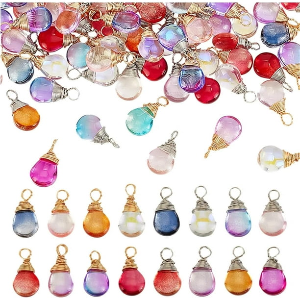 100 dijes de lágrima de 20 mm (0,79 pulgadas) con colgantes de cristal y alambre de aleación para la creación de collares, pulseras y bisutería.