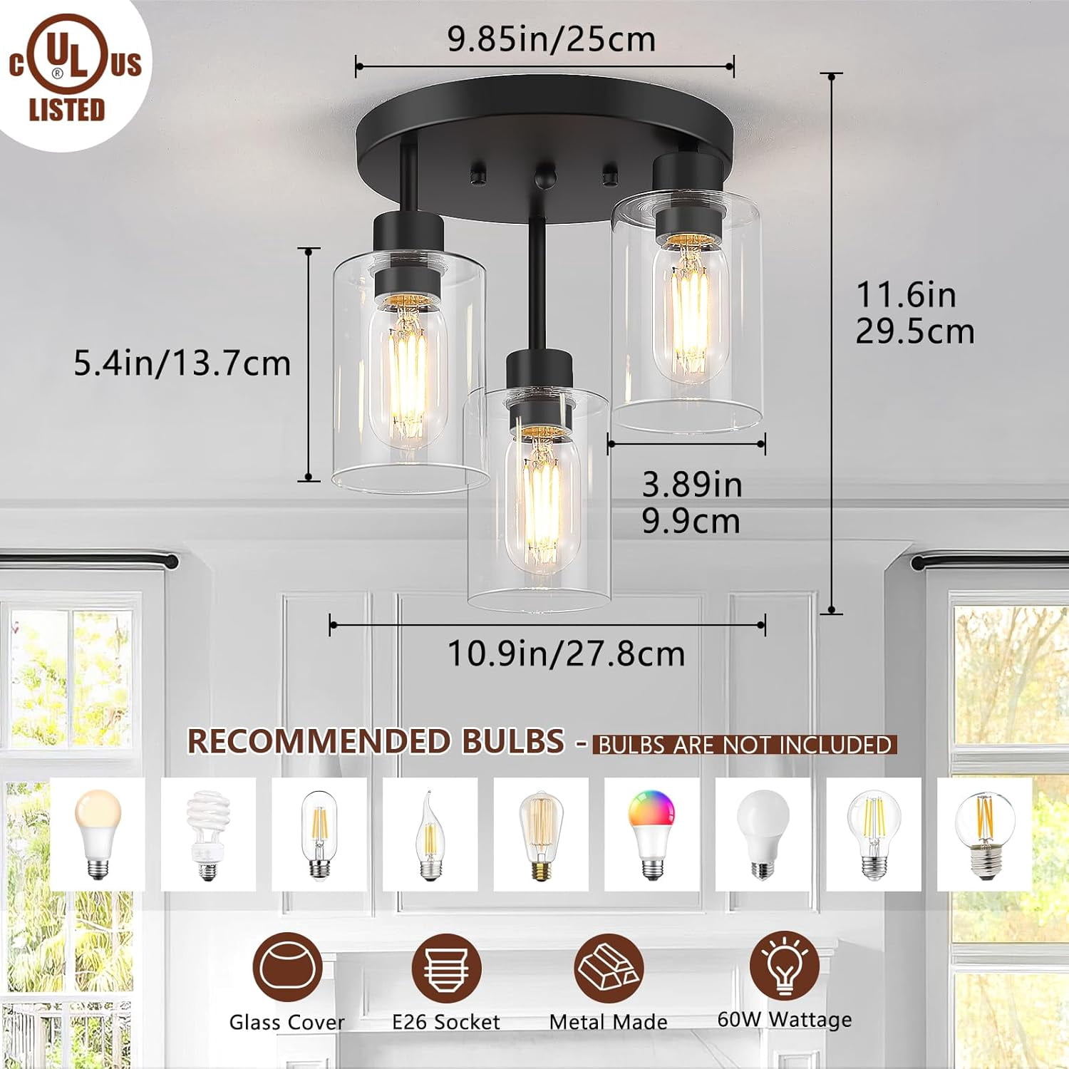 Licperron Farmhouse 3-Light Black Flush Mount Ceiling Light Fixtures with Clear Glass Shades