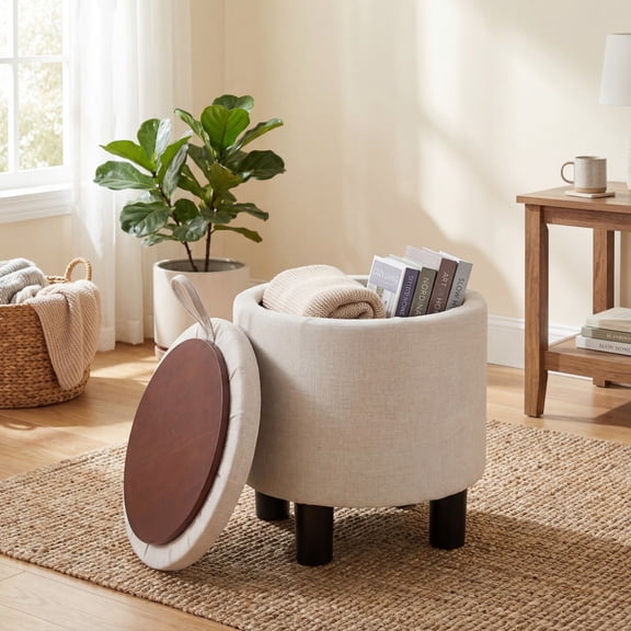 ELLEGNT Round Ottoman with Storage – Removable Lid, Linen Fabric Footrest Stool for Living Room, Bedroom