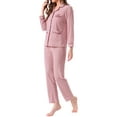 thumbnail image 4 of INSPIRE CHIC Womens Lounge Set Cotton Button Up Long Sleeve Pants Ribbed Pattern with Pocket Pajama Set Loungewear S Pink, 4 of 6
