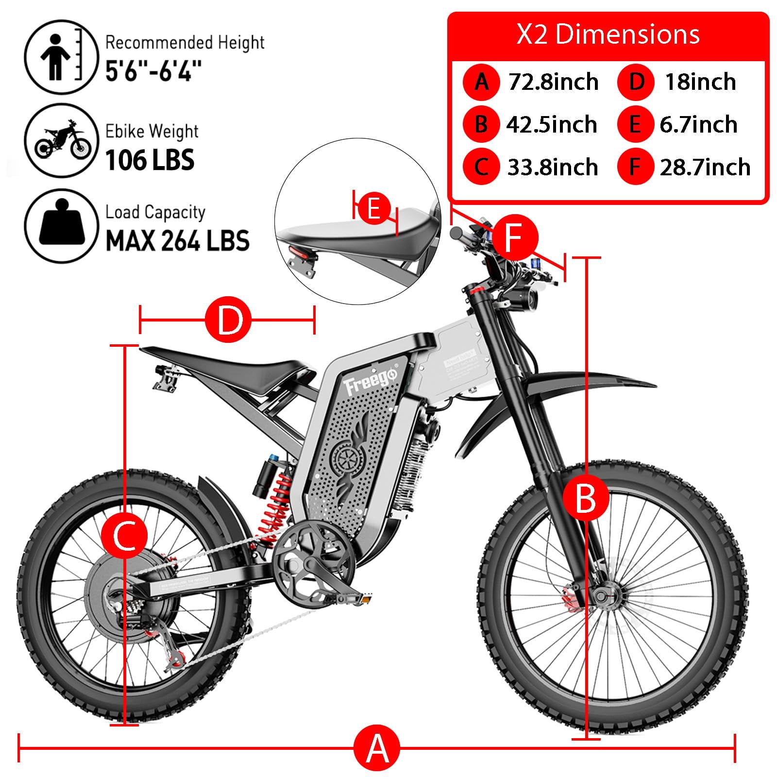 Freego X2 Electric Dirt Bike - 6000W Peak, 60V/30Ah Battery, 56 Mile Range, 28 MPH Eco / 50 MPH Sport, SHIMANO 7-Speed, Hydraulic Disc Brakes, 2-Piston, Aluminum Frame, 8H Charging
