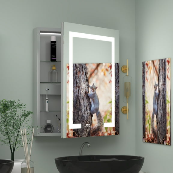 24x30” R Lighted Medicine Cabinet, Anti-Fog, Clock, Thermometer, Surface/Recessed, 2 Outlet 2 USB