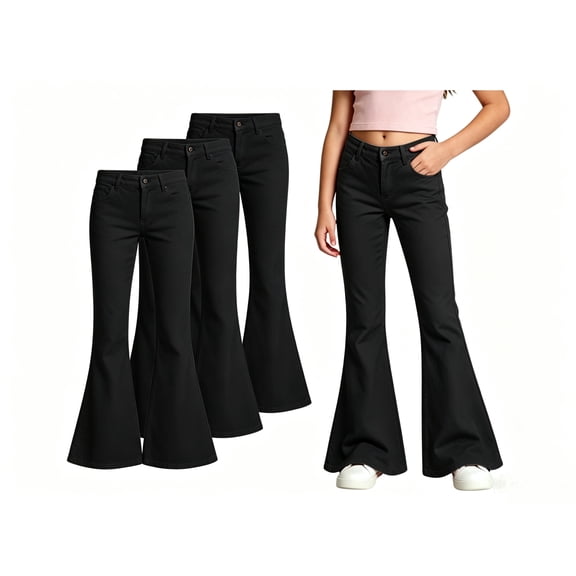 TGPMGRZ 3 Pack School Uniform Pants for Girls Flare Bell Bottoms Leggings with Front Buttons & Pockets