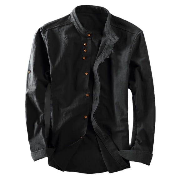 Havenx Men's Cotton Linen Shirts Long Sleeve Button Down Shirt Stand Collar Solid Color Tops Japan Style Lightweight Vintage Soft Clothing,Black 2XL