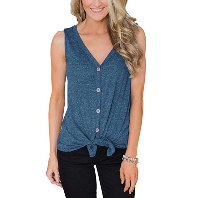 Camisetas sin mangas con cuello en V y botones para mujer, camisas básicas informales de verano sin mangas, camisola con tiras en la parte delantera, azul-S Sincero Ropa
