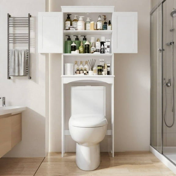 Over The Toilet Storage Cabinet, Asofer Bathroom Shelf Organizer with Anti-Tip Device Small Freestanding Space Saver, White