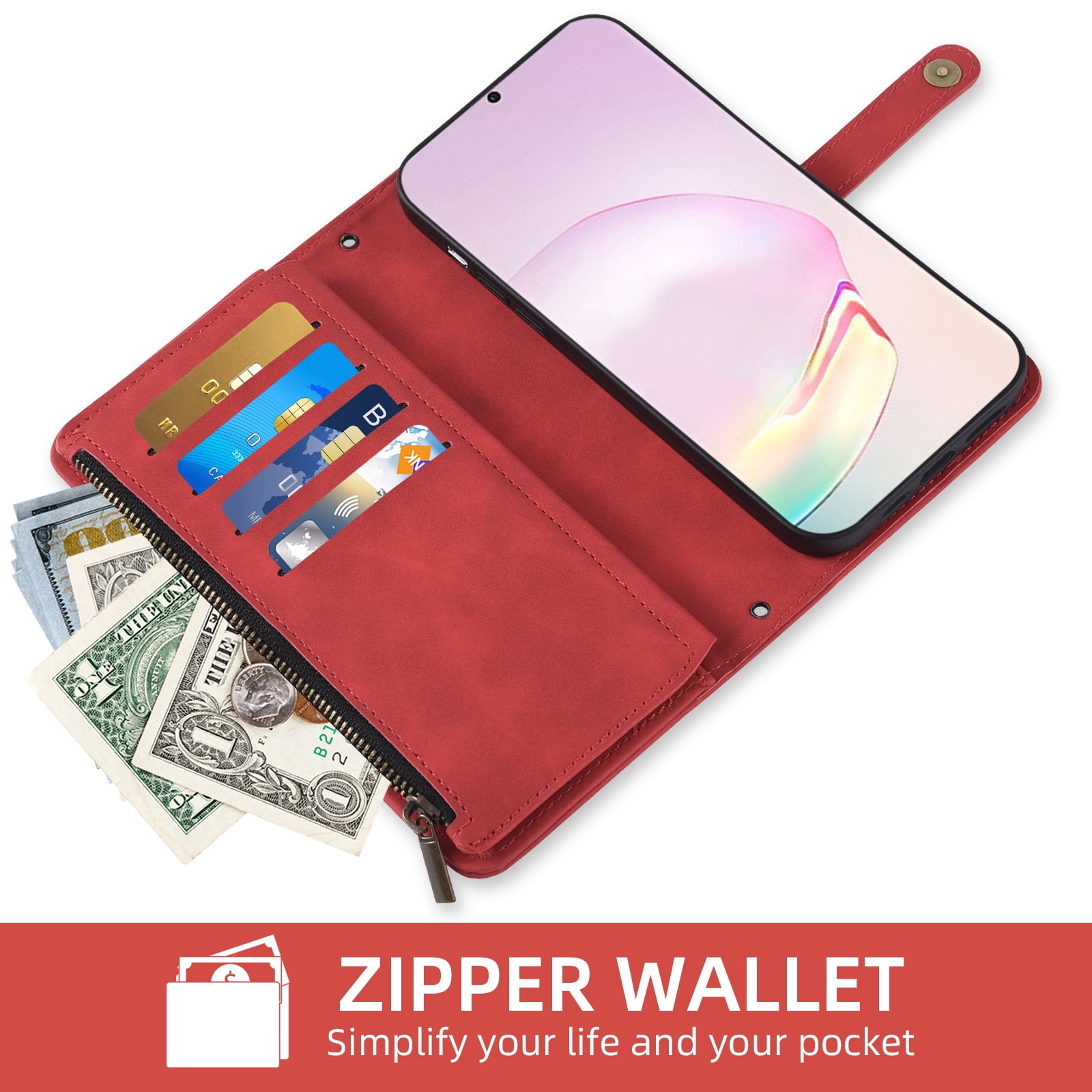 Asuwish Phone Case for Samsung Galaxy Note 20 Ultra 5G Wallet Cover With Screen Protector Wrist Strap Flip Pattern Zipper Card Holder Cell Note20 Plus Notes 20Ultra Note20+ U + 20+ Twenty Not S20 Red