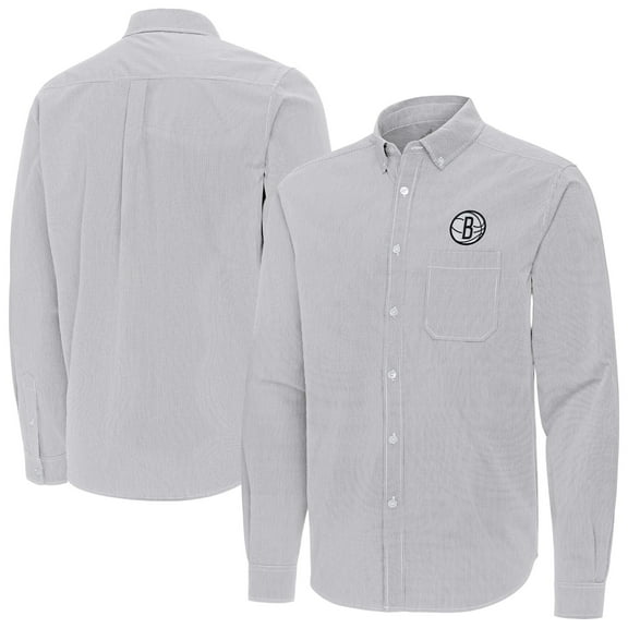 Men's Antigua Gray Brooklyn Nets Porter Woven Long Sleeve Button-Down Shirt