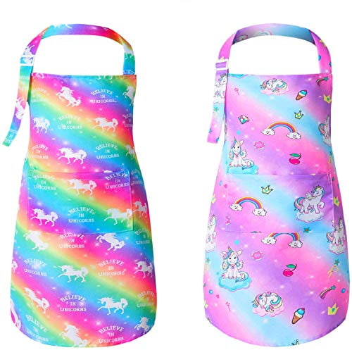 MHJY Unicorn Apron Chef Hat Set for Kids Girls Aprons with Adjustable Neck Strap and Pockets 