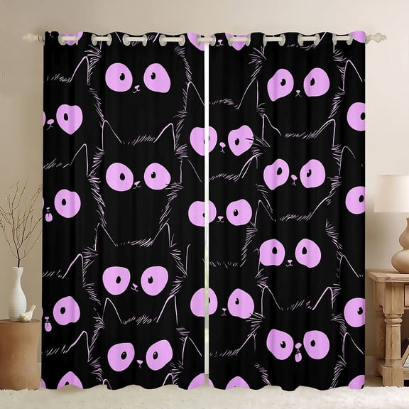 Manfei Cartoon Cat Blackout Curtains, Kawaii Abstract Kitten Window Curtains Pack of 2 (38x45 Each), Black Orchid