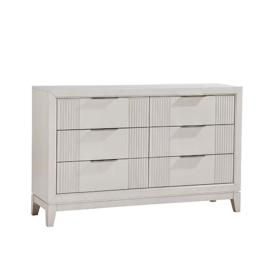 Benjara Flo 60 Inch Dresser, 6 Drawers, Antique White Wood, Chrome Handles
