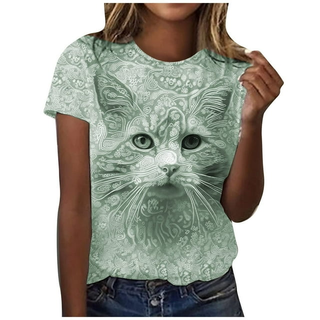 Pompotops Femmes Mode Impression Col Rond en Vrac Manches Courtes T-Shirt Pull Tops Blouse