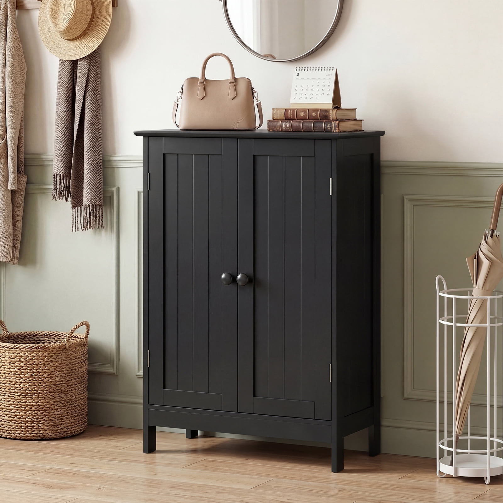 Gymax Bathroom Storage Cabinet Freestanding Wooden Floor Cabinet w/ Double Doors Black