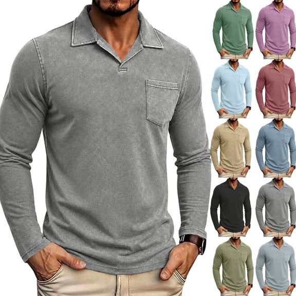 Hearthz Men's Polo Shirts Soft Breathable Vintage Washed Long Sleeve Cotton Shirts for Men Moisture Wicking Mens Golf Polos with Pocket Khaki XL