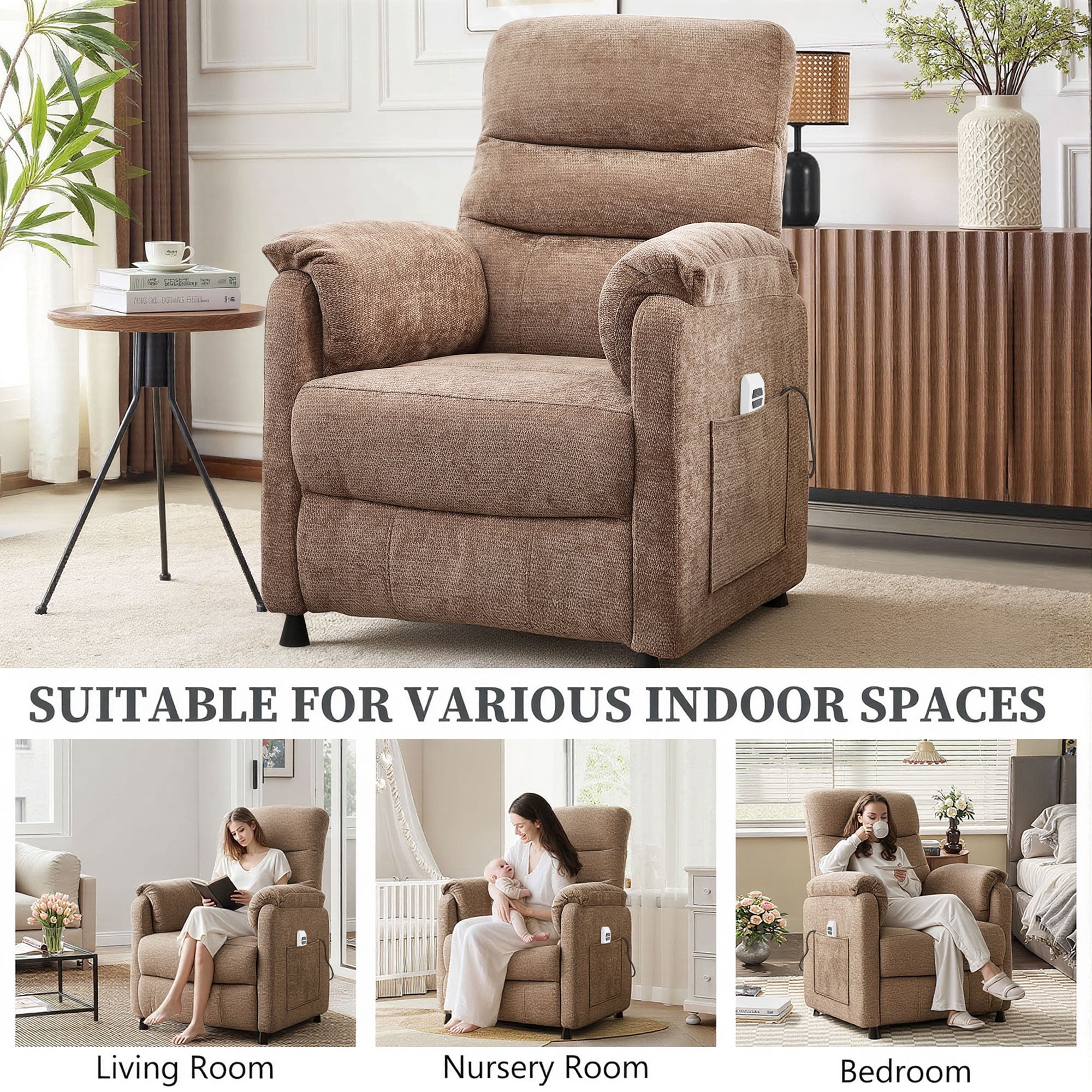 Electric Power Recliner Chair, Modern Chenille Fabric Recliner with Side Pocket & Remote, Nursery Recliner Chair for Living Room Small Space, Brown