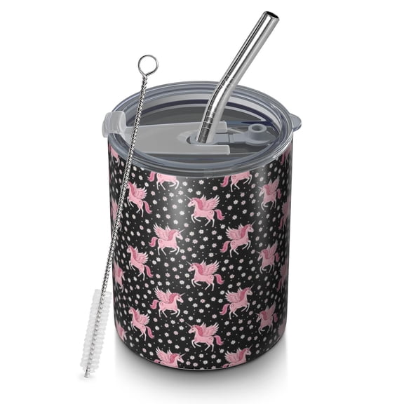 12oz Coffee Tumblers Black Cartoon Pink Winged Unicorn Pattern Stainless Steel Vacuum Insulated Travel Tumbler Coffee Cups Mug with Lid and Straw with Cleaning Brush for Cold & Hot Drinks