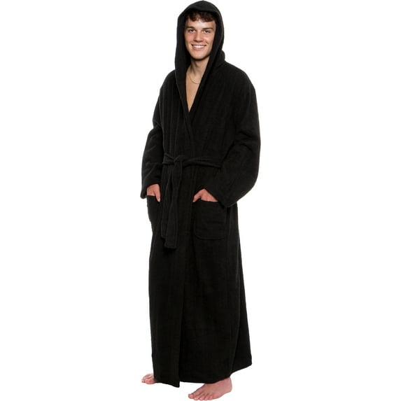 Ross Michaels Mens Robe Big & Tall with Hood - Long Terry Cotton Bathrobe with Shawl Collar (Black, Small / Medium)