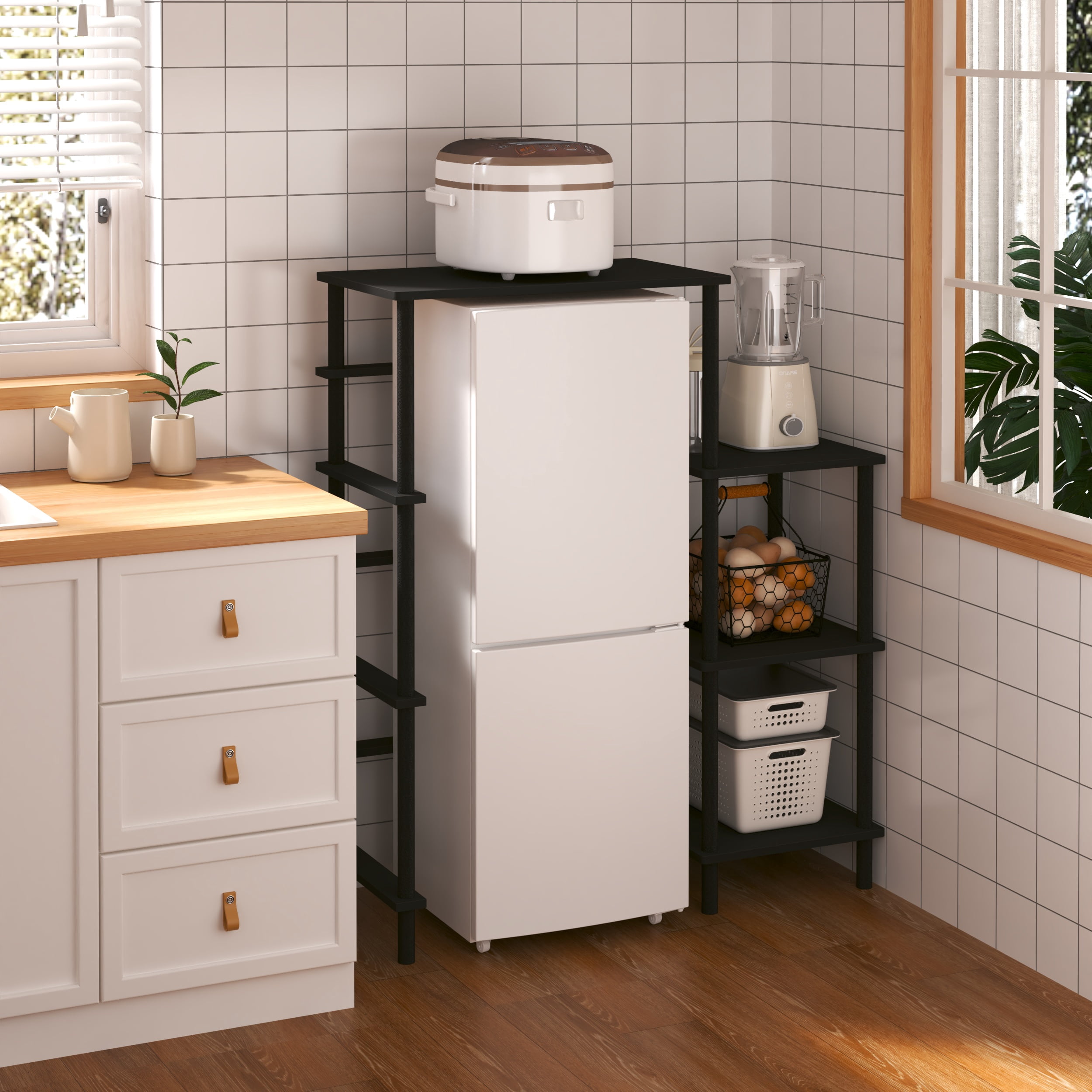 HOMLUX 4-Tier Coffee Bar Bakers Rack with Mini Fridge Stand, Wood Kitchen Storage Shelf Microwave Stand, Easy Assembly, Americano