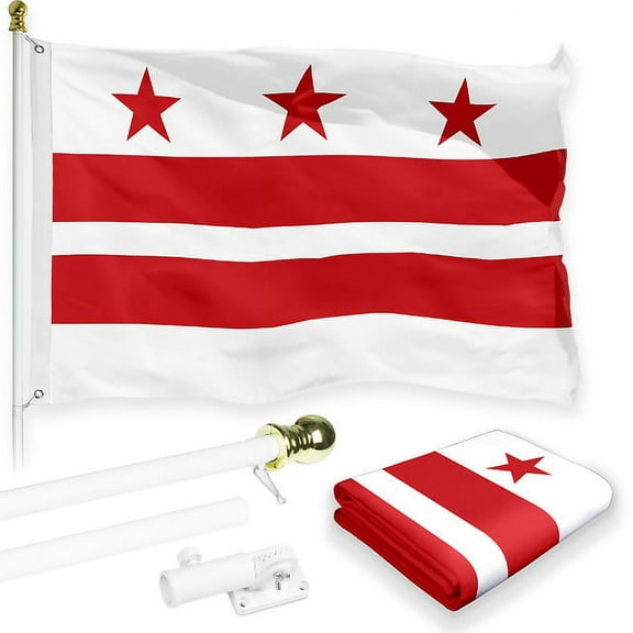 G128 Combo Pack: 6 Feet Tangle Free Spinning Flagpole (White) Washington DC Capital Flag 3x5 ft Printed 150D Brass Grommets (Flag Included) Aluminum Flag Pole