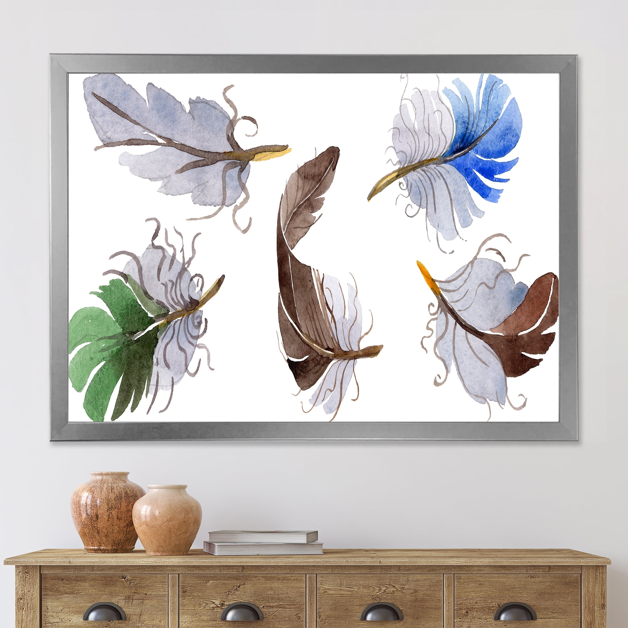 Designart 'Colourful Boho Feather Set On White IV' Bohemian & Eclectic Framed Art Print