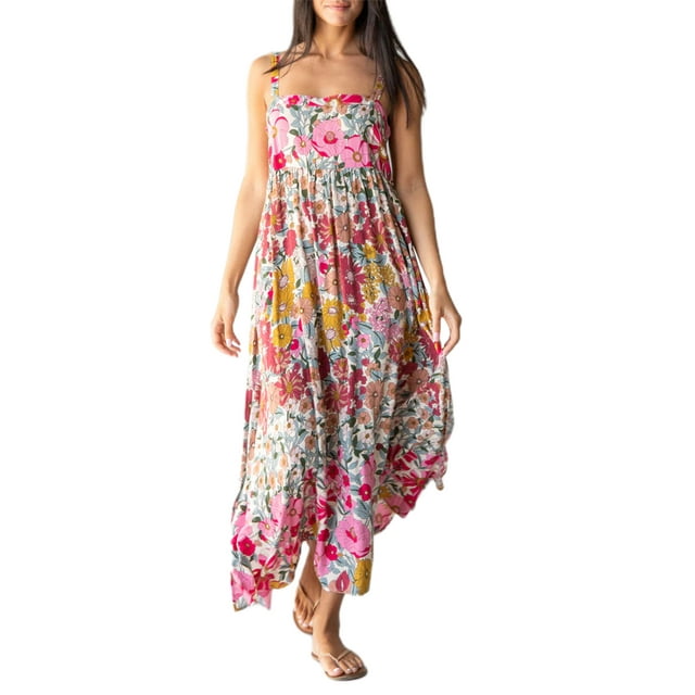xiaxaixu Longue Plage Robe Sans Manches Bretelles Spaghetti Floral Imprimé Split Robe Midi Slip Robe