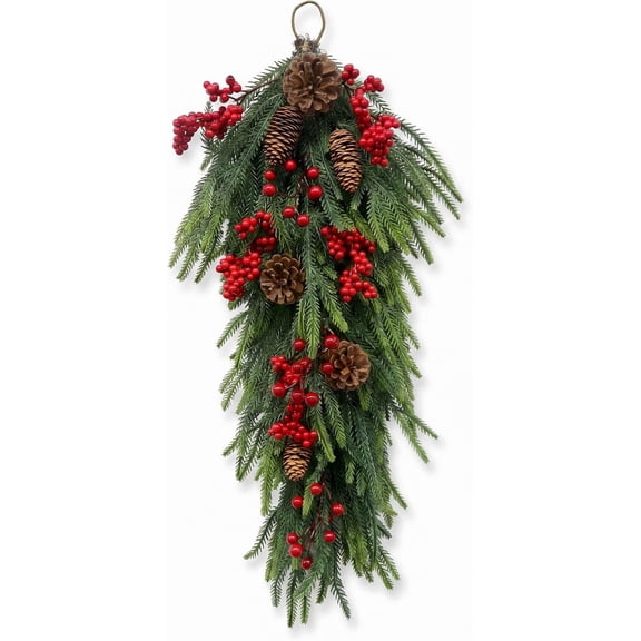 28in Christmas Teardrop Swag Wreath with Pine & Red Berries for Front Door