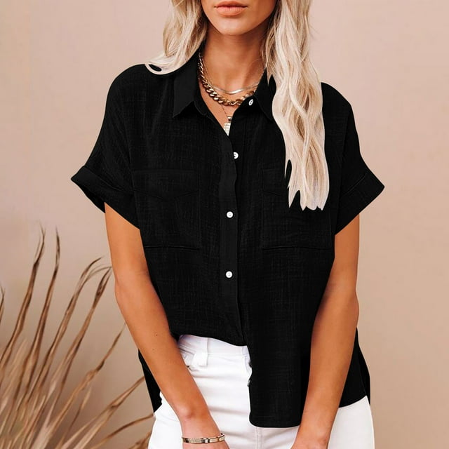 asjyhkr Blouses for Women Button down Short Sleeve T Shirt Solid Color Fashion Summer Tops Solid Color
