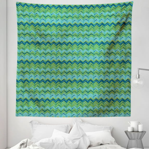 Herringbone Tapestry, Abstract Arrangement of Wavy Stripes Tree Branches Pattern, Fabric Wall Hanging Decor for Bedroom Living Room Dorm, 5 Sizes, Earth Yellow Night Blue, by Ambesonne