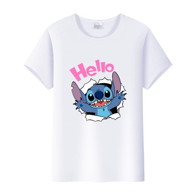 Disney-camisetas con estampado de Lilo Stitch para mujer, ropa de manga corta para niña, camisa blanca para niño