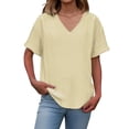 thumbnail image 2 of Women’s Summer Casual Tops Solid Color V-Neck Linen Basic T Shirt Vacation Everyday Short Sleeve Tops Beige XL, 2 of 9