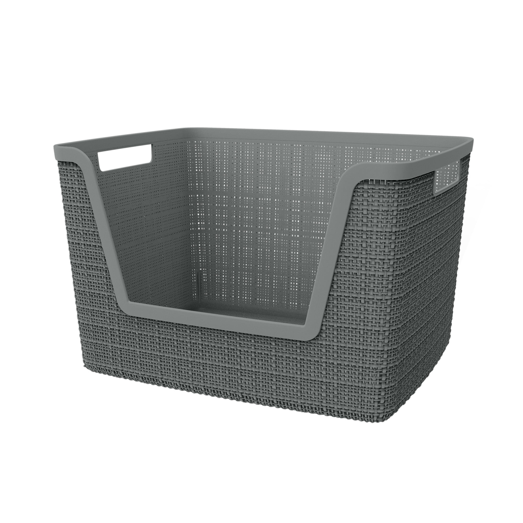 Curver Jute Large Easy Access Basket Medium Durable Resin Organization and Storage Basket Bin, Grey
