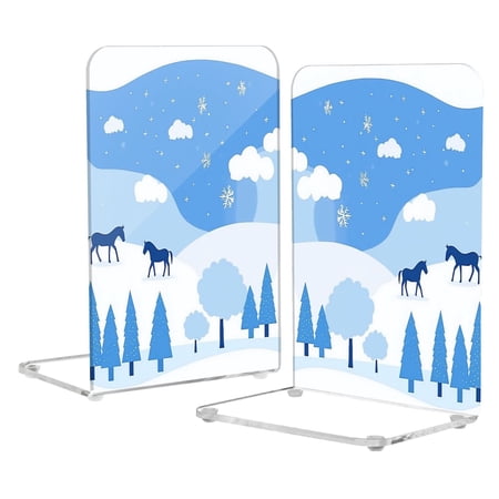 Acrylic Bookends 2 Pairs Decorative Book Stoppers for Home Office Desk Organizer Cute Cartoon Winter Landscape